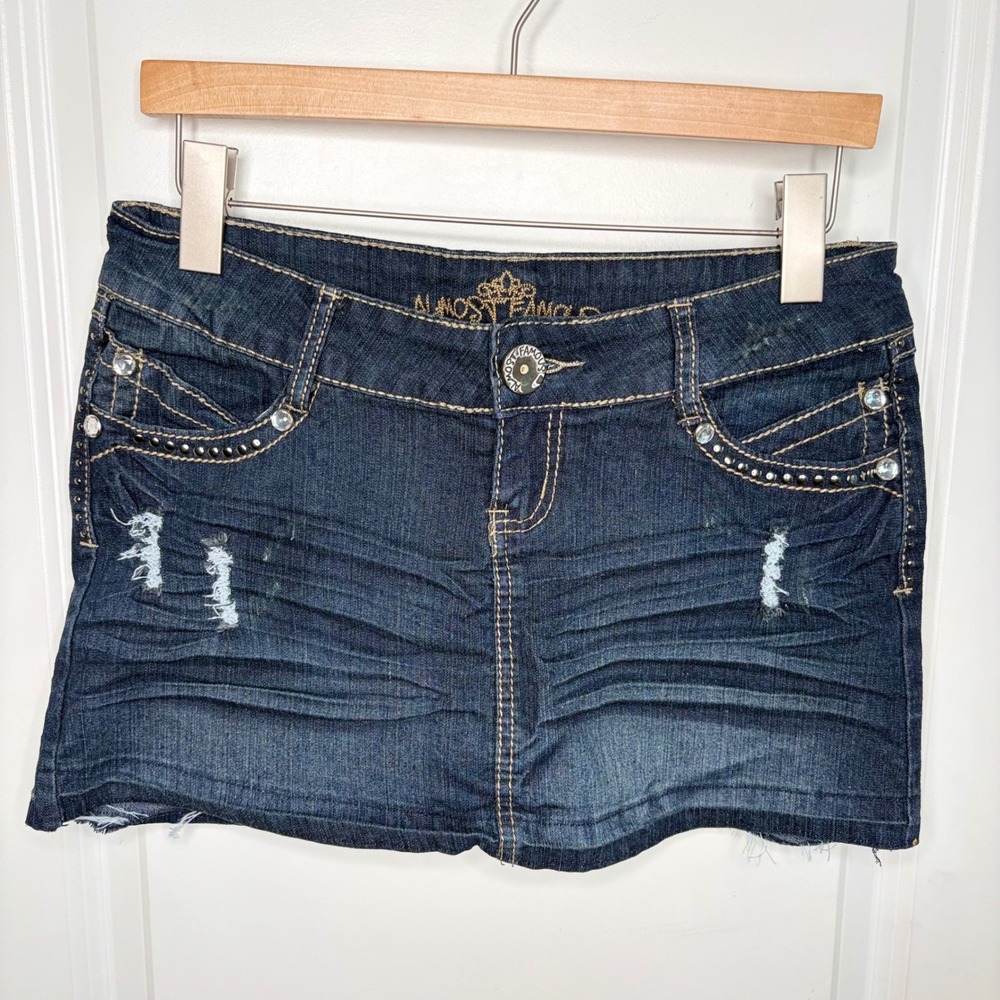Almost Famous Mini Skirt Womens 9 Dark Wash Rhinestone‎ Studded Distressed Denim